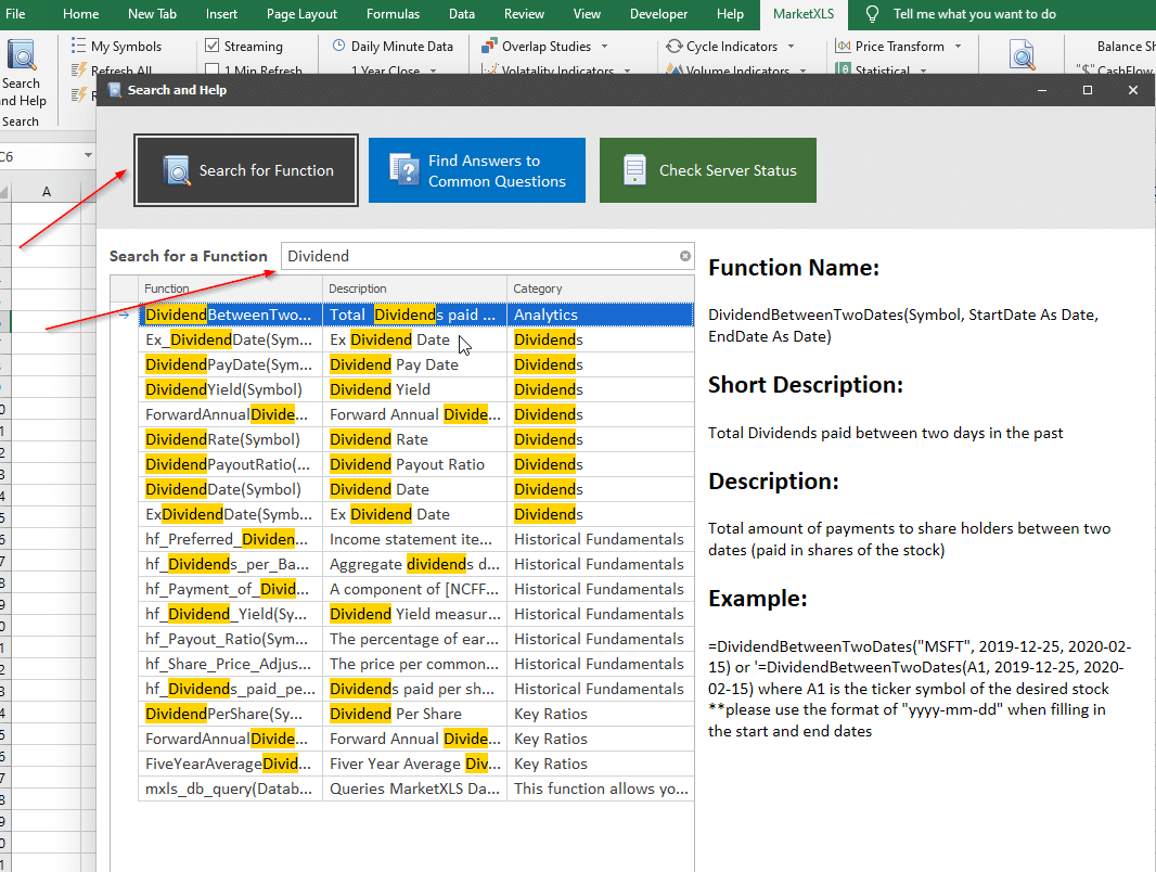 Search for a function MarketXLS