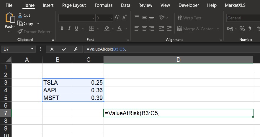 Value-At-Risk Var Using Excel (With Marketxls) - MarketXLS