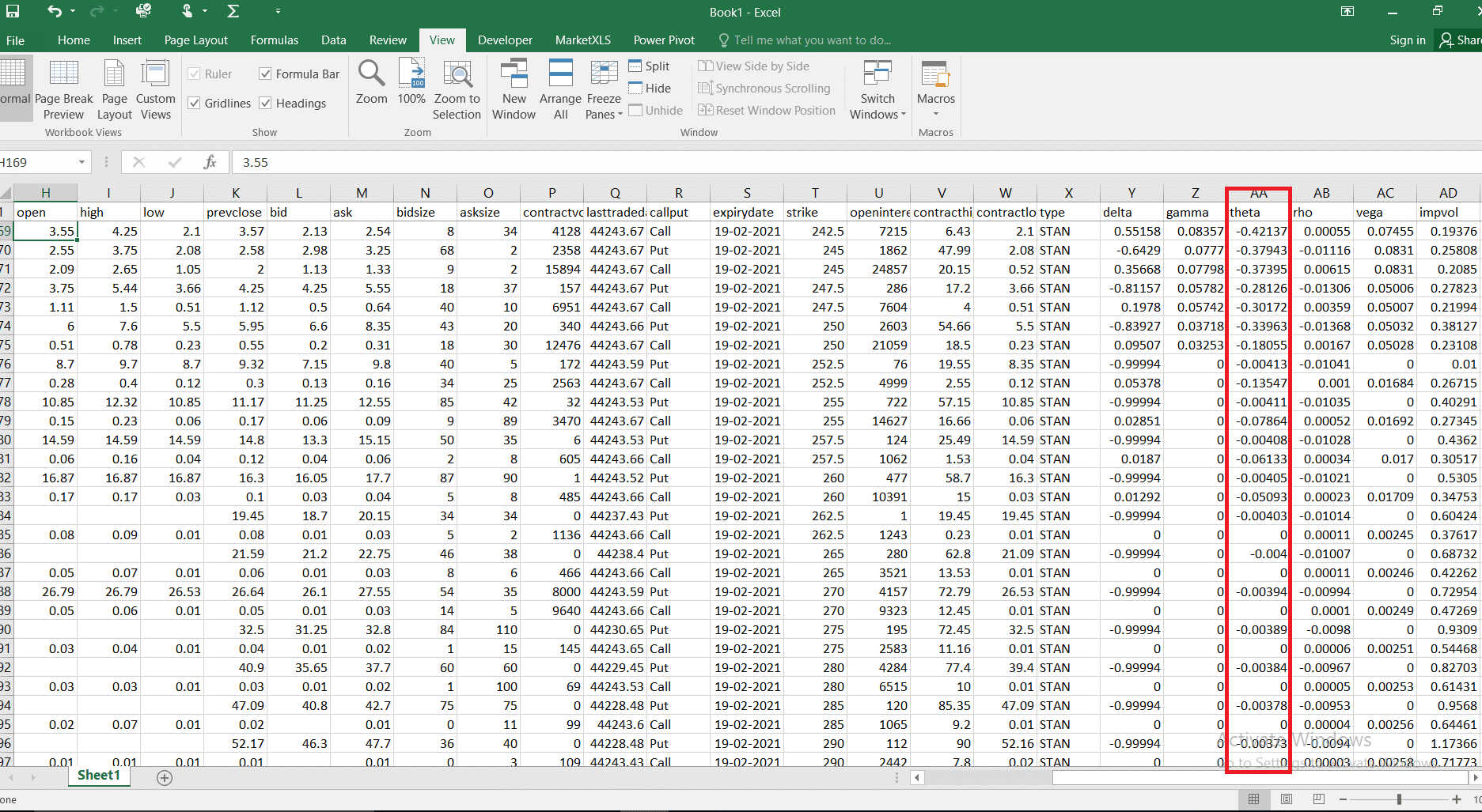 Options Theta - MarketXLS