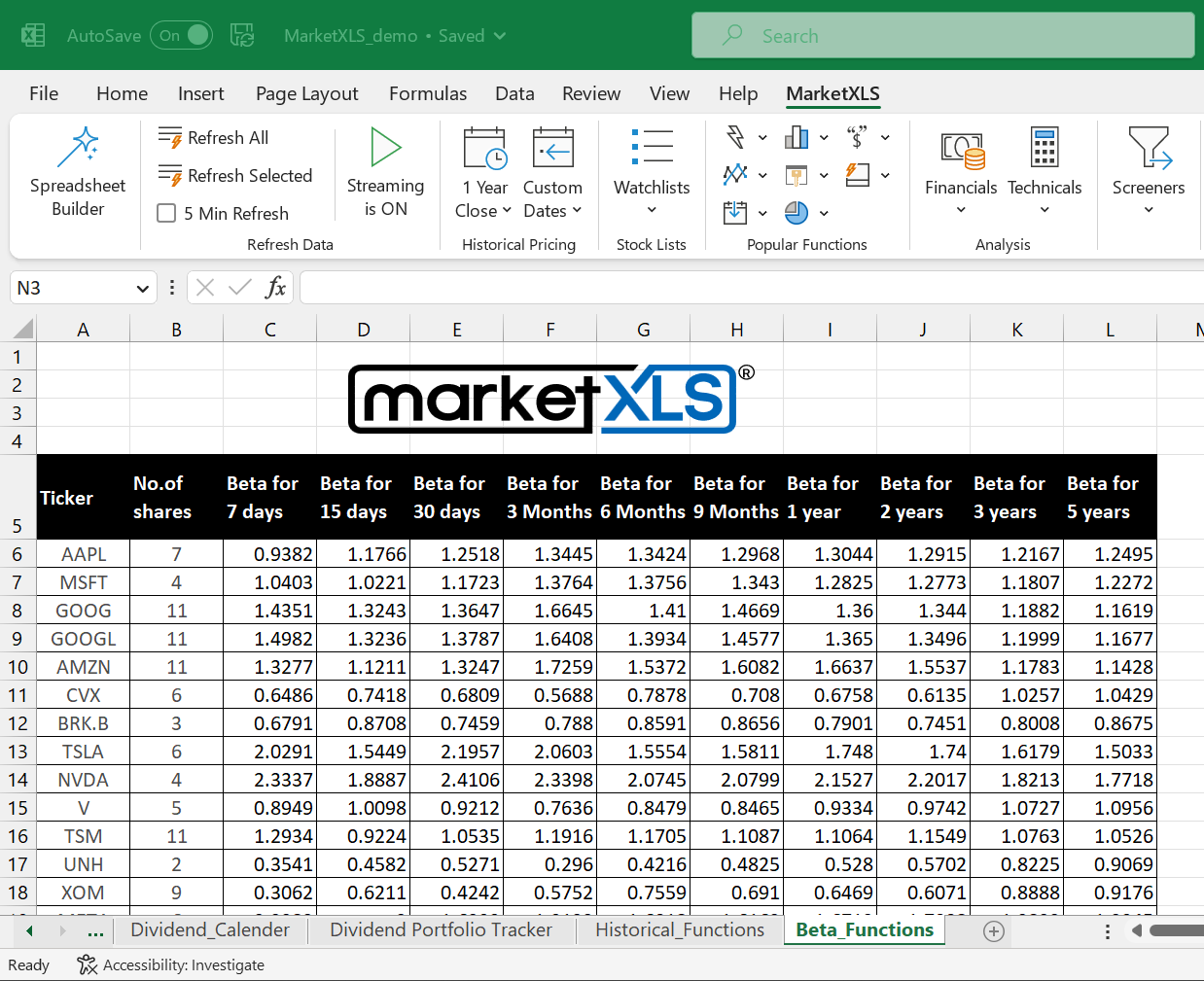 How to Calculate Stock Beta in Excel - MarketXLS
