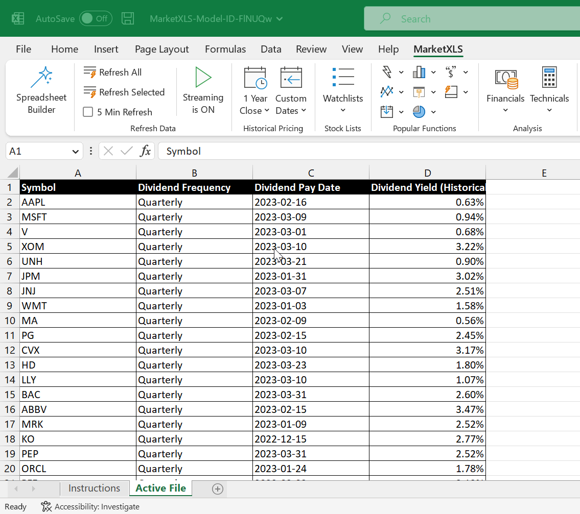 StepbyStep Guide to Creating Dividend Excel Spreadsheet - MarketXLS