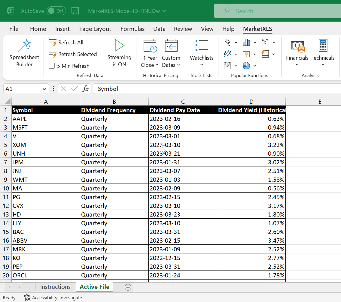 Get the Perfect Dividend Spreadsheet Template - MarketXLS