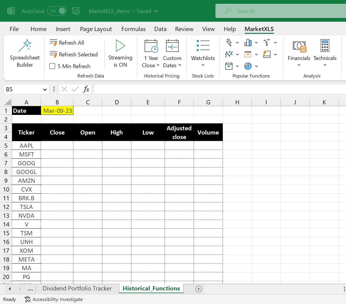 Research Stock History with Excel Formulas for Multiple Stocks - MarketXLS