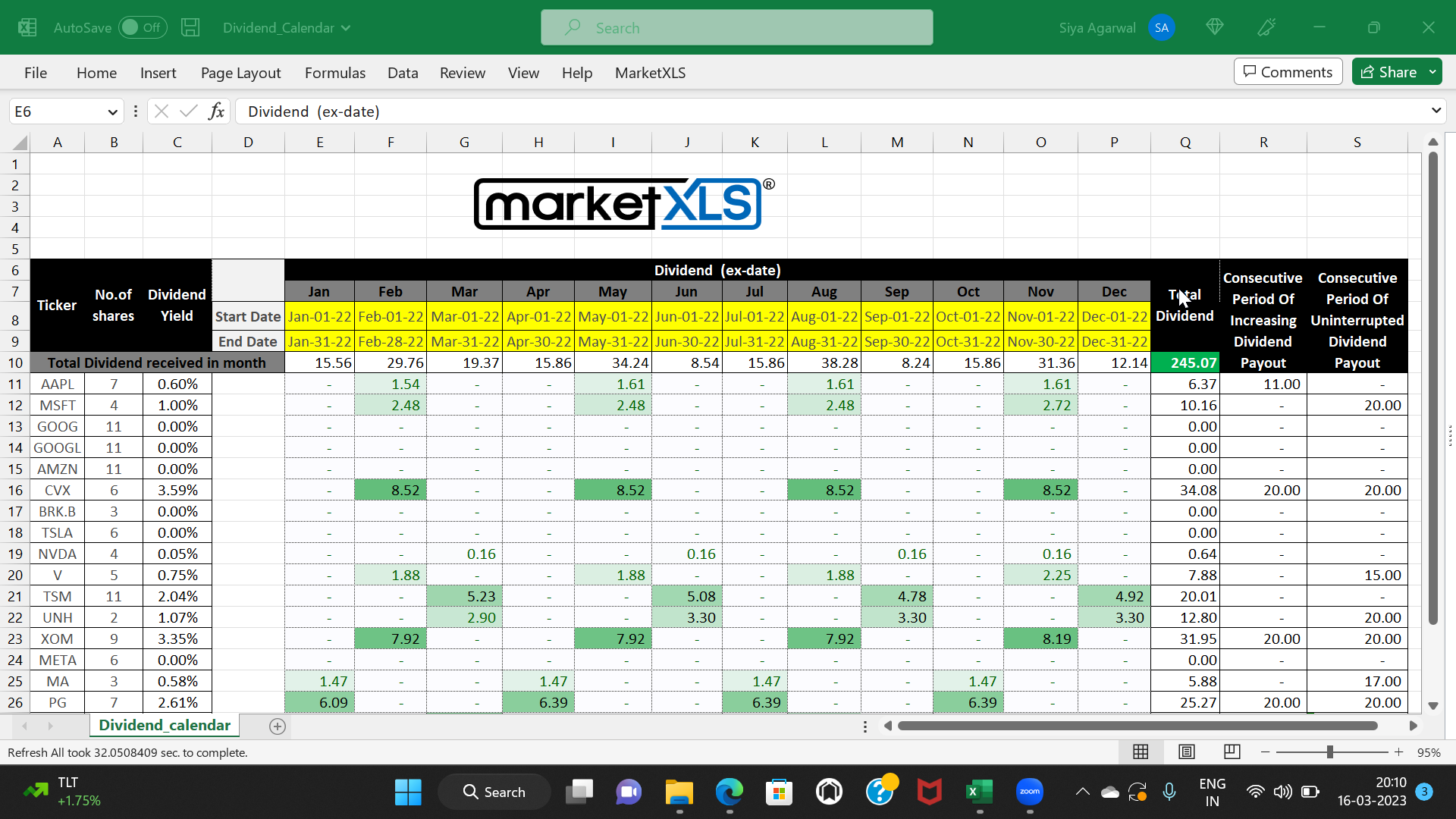Create a Dividend Calendar Spreadsheet to Maximize Retirement Income - MarketXLS
