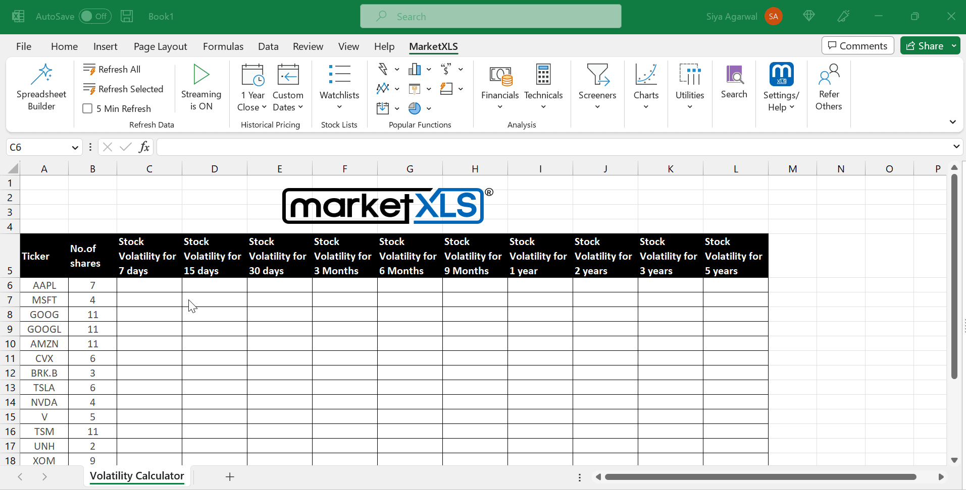 Excel Volatility Calculator by MarketXLS for Optimized Trading